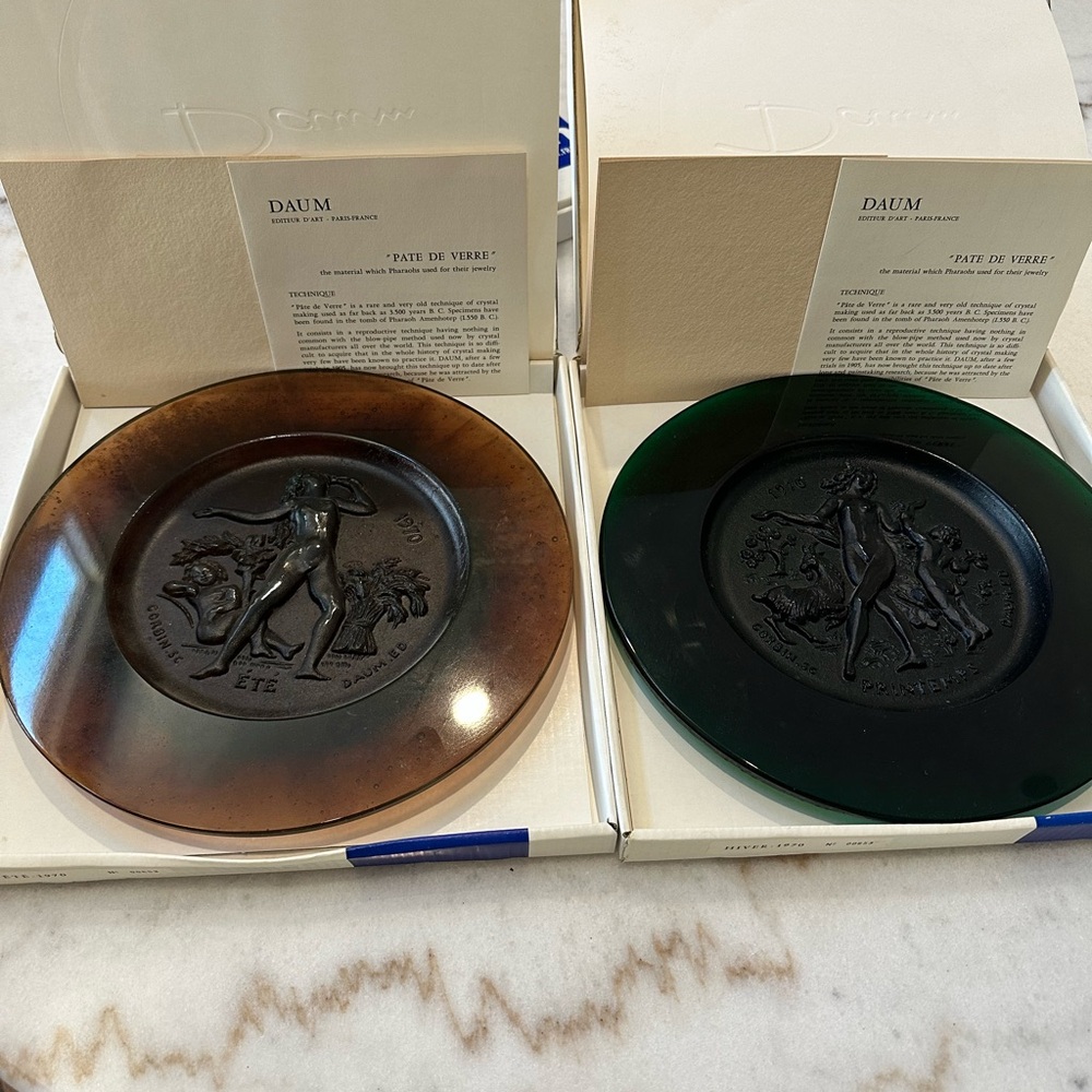 Vintage Daum Pate De Verre Four Seasons Plates in Original Boxes numbered 653